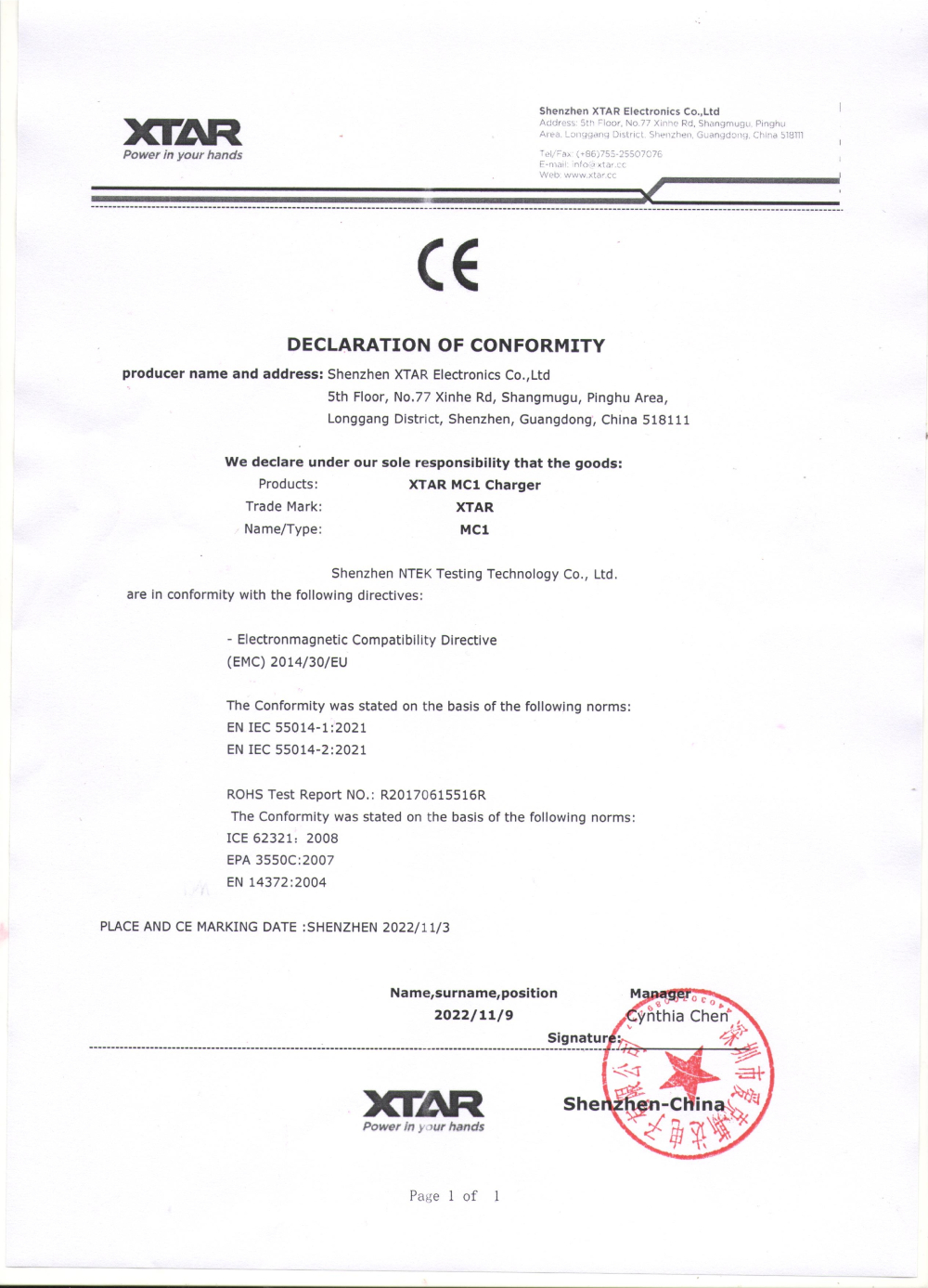 XTAR MC1 EC deklaracija o usaglašenosti